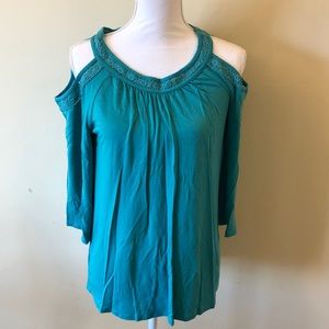 Joan Vass turquoise 3/4 sleeve floral top size Med